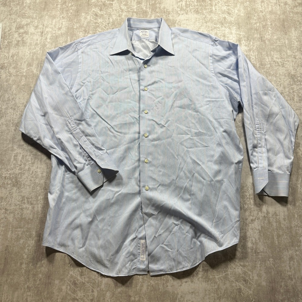 Brooks Brothers Dress Shirt Men 17.5 34 Blue Striped Italian Fabric Made in USA